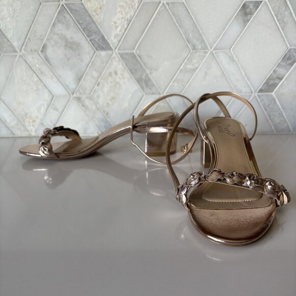 Jewel Badgley Mischka 9 Pink Metallic Sandal Strap Block Heel Flowers Floral - Picture 1 of 12